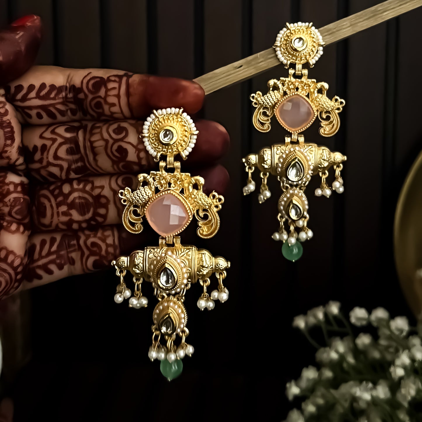 Shahana Kashmiri Matte Brass Ghungroo Earrings - Pastel Pink & Green