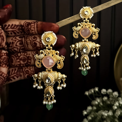 Shahana Kashmiri Matte Brass Ghungroo Earrings - Pastel Pink & Green
