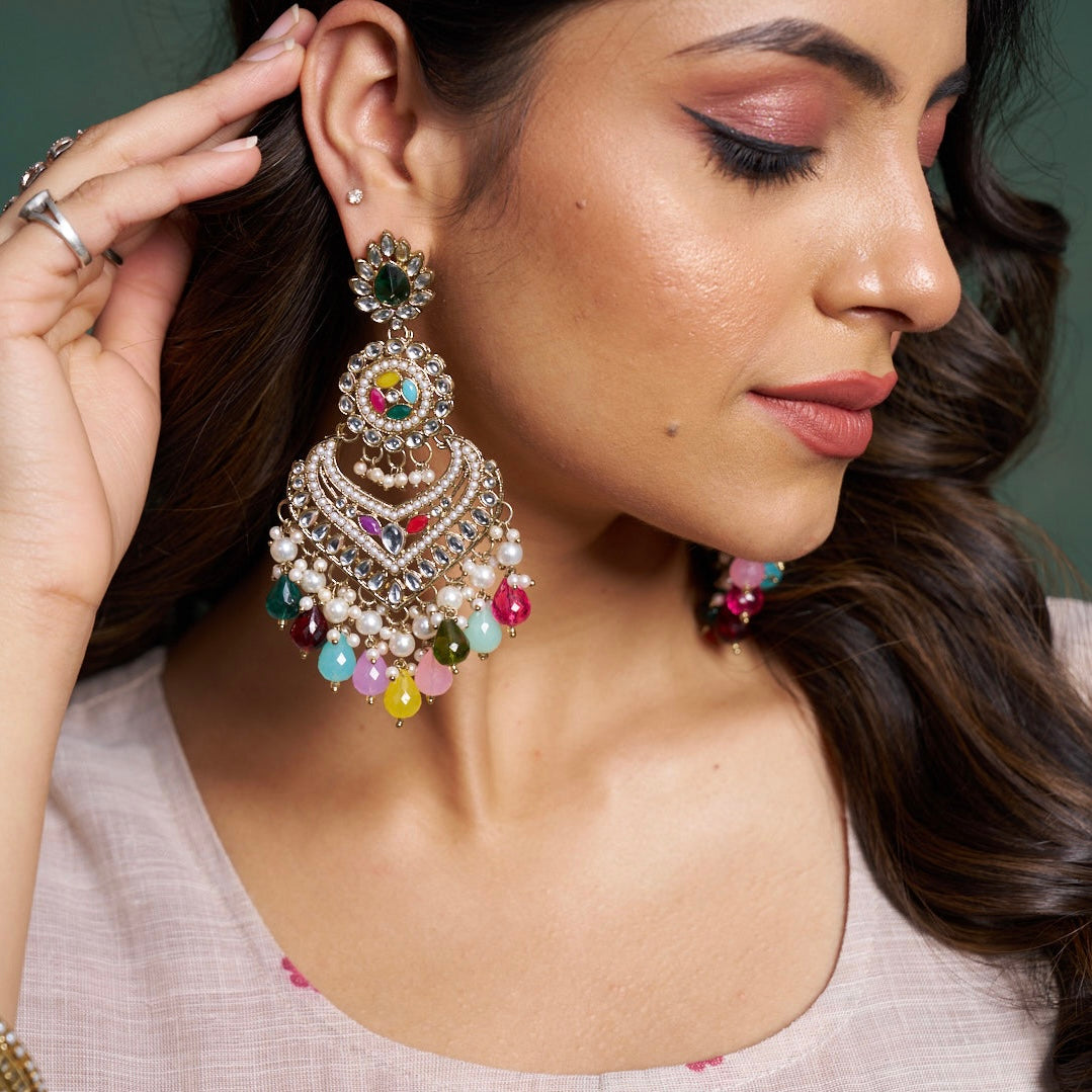 Shaba Jadau Kundan Chandbali Earrings - Multi