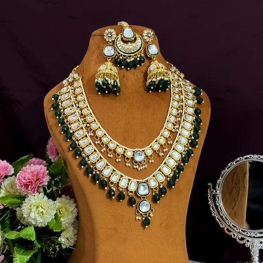 Deep Double layer Kundan Necklace Set - Green