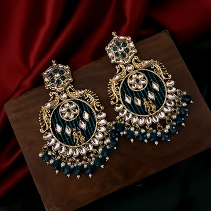 Dhwani Kundan Pearl Chandbali Earrings - Peacock Blue