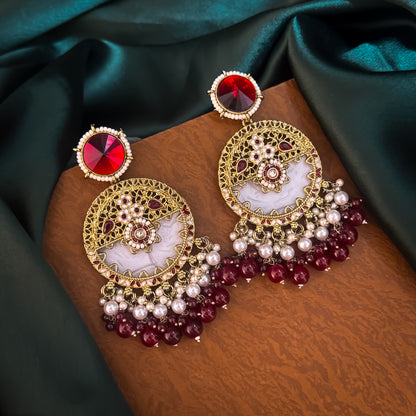 Maroon Pallavi MOP Pearl Menakari Chandbali Earrings