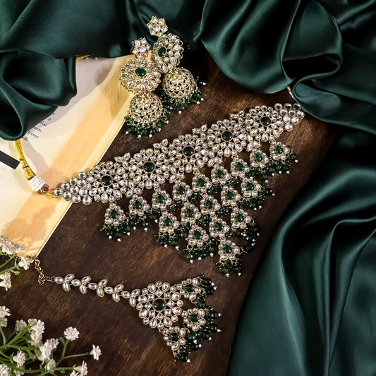 Shabana Premium Kundan Pearl Choker Necklace Set - Green