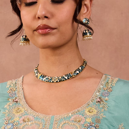 Ridhima Meenakari Hasli Necklace Set - Peacock Blue