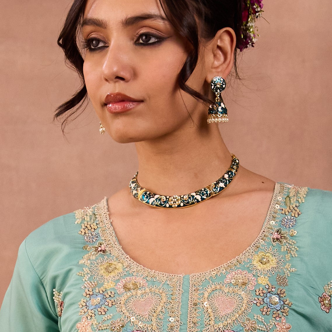 Ridhima Meenakari Hasli Necklace Set - Peacock Blue