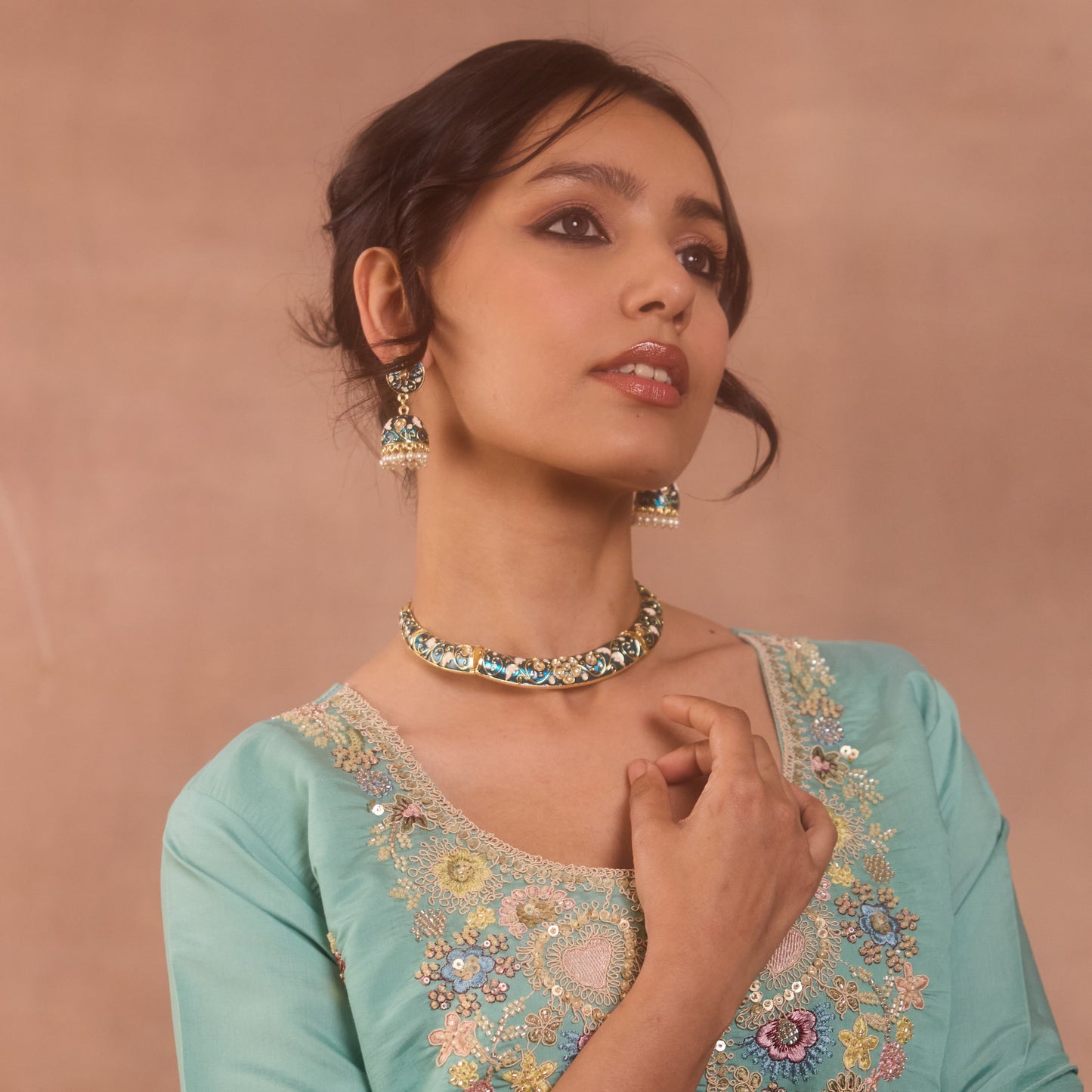 Ridhima Meenakari Hasli Necklace Set - Peacock Blue