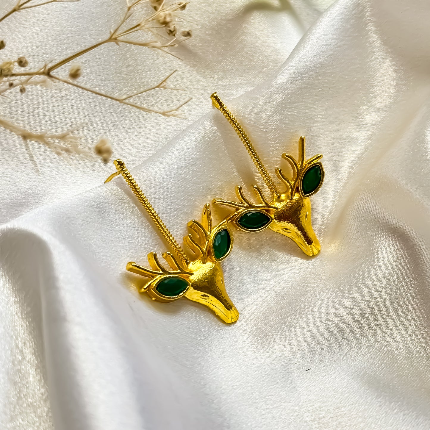 Unique Raindeer Handcrafted Brass Earrings- Green