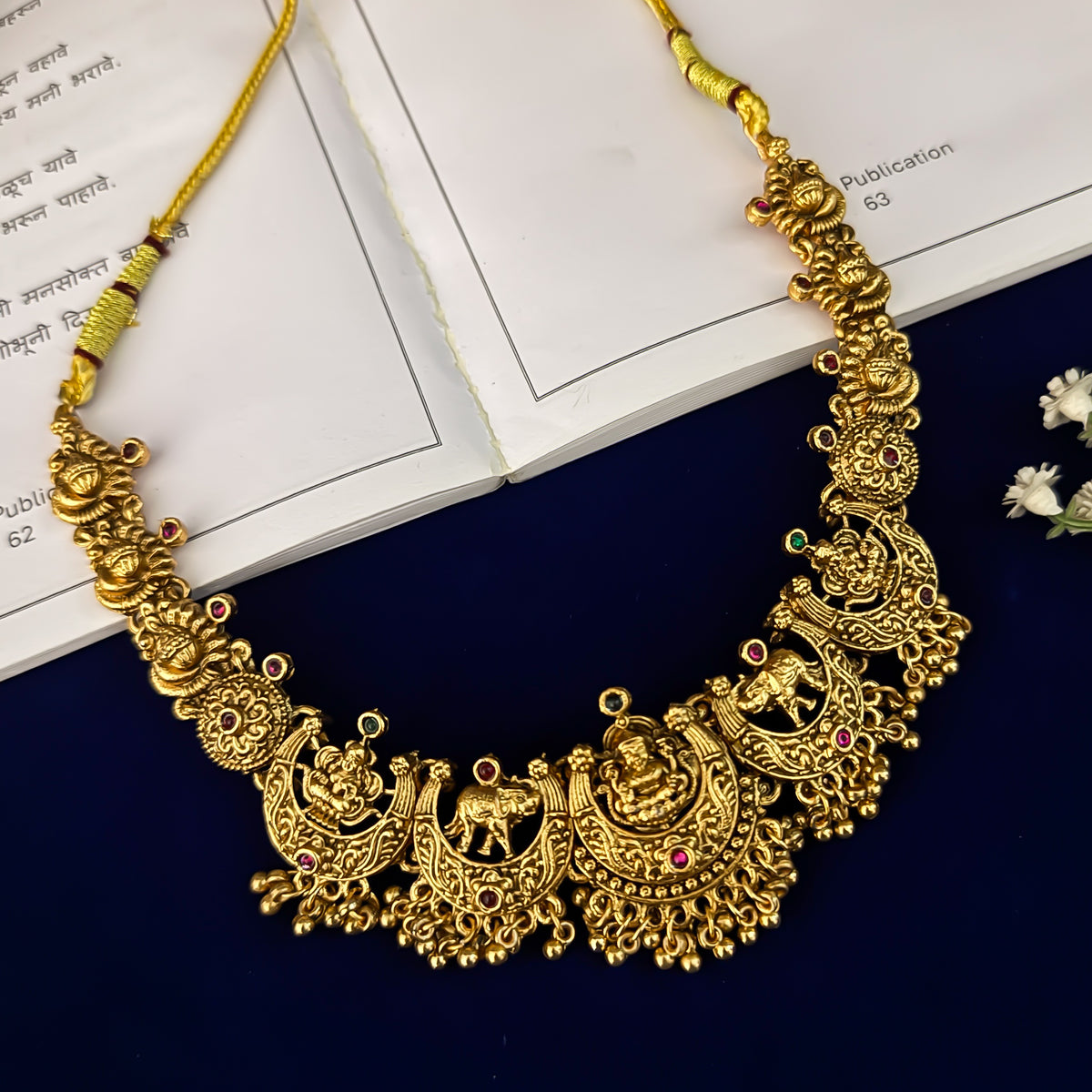Lakshmi Gajanand Temple Necklace Set - Green & Pink