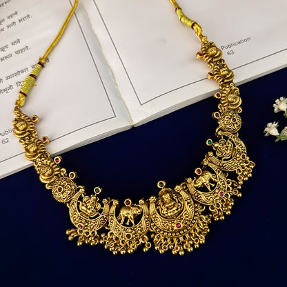 Lakshmi Gajanand Temple Necklace Set - Green & Pink