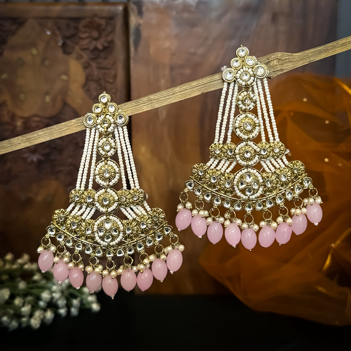Pastel Pink Kinza Kundan Pearl Chandbali Earrings