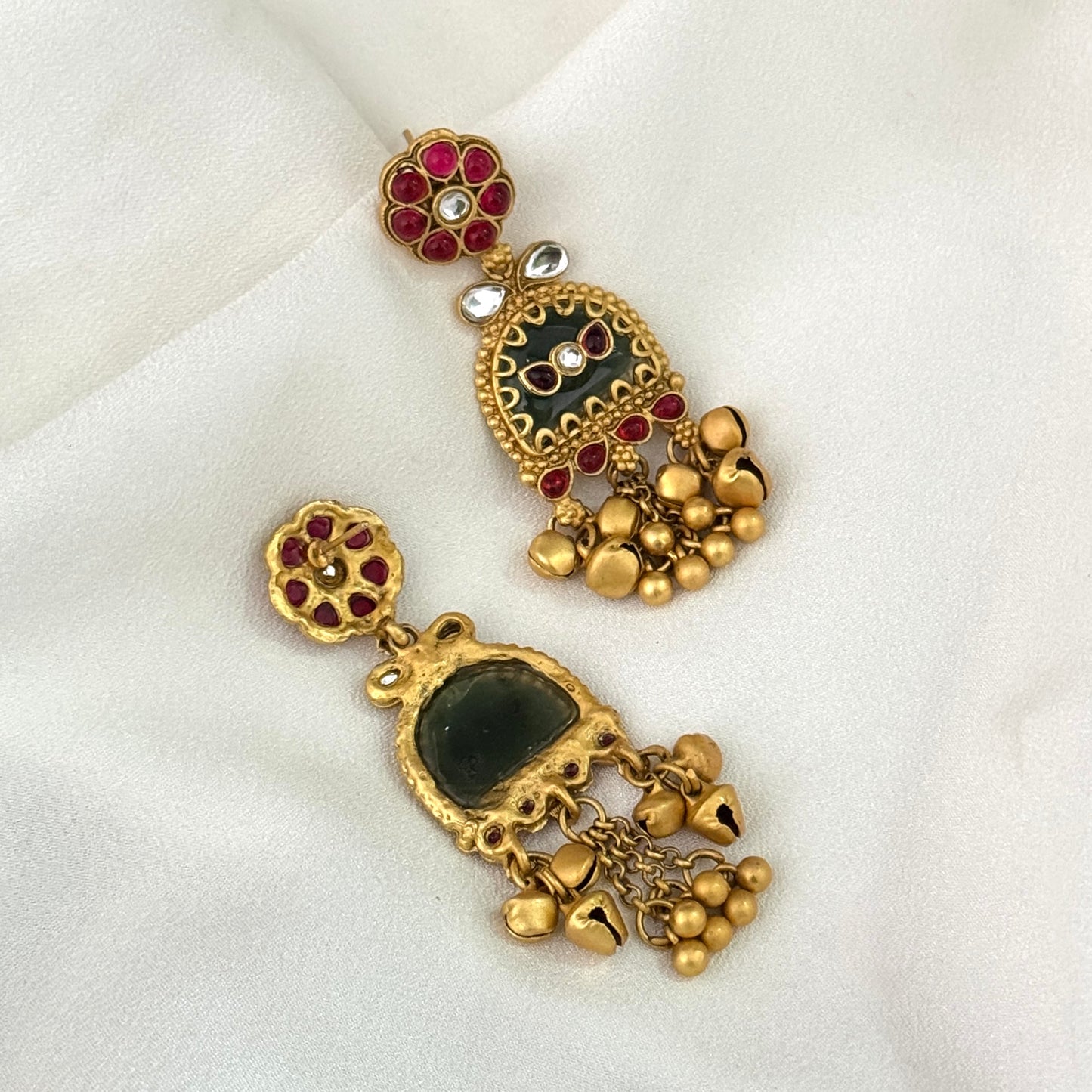 Shrinkhla Fusion Rajwadi Kashmiri Brass Ghungroo Chandbali Earrings - Pink & Green