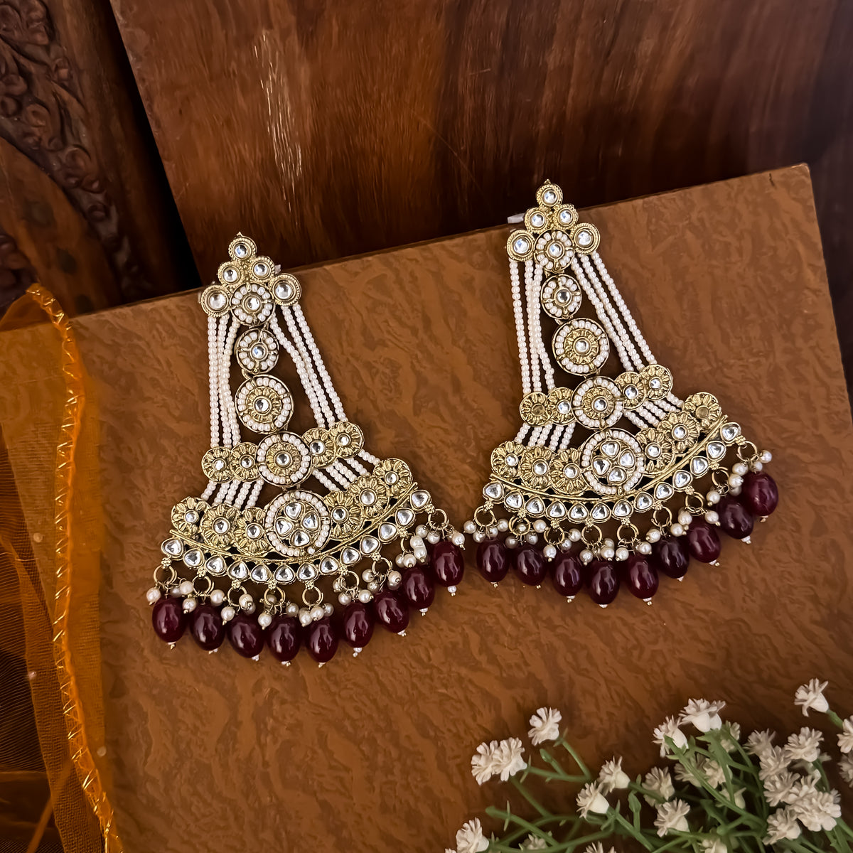 Maroon Kinza Kundan Pearl Chandbali Earrings