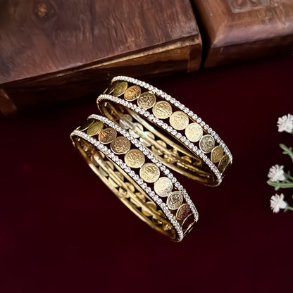 Akshat Lakshmi Coin Temple AD Gold Bangles - Golden (Set of 2)
