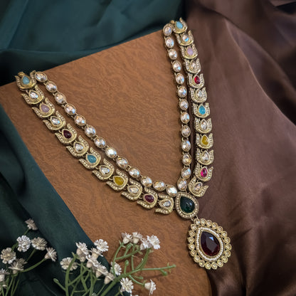 Ashiya Double Layer Designer Zircone Kundan Necklace Set - Multi