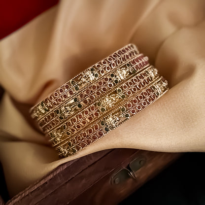 Devyani Lakshmi Temple Gold Bangles - Pink & Green (Set of 4)