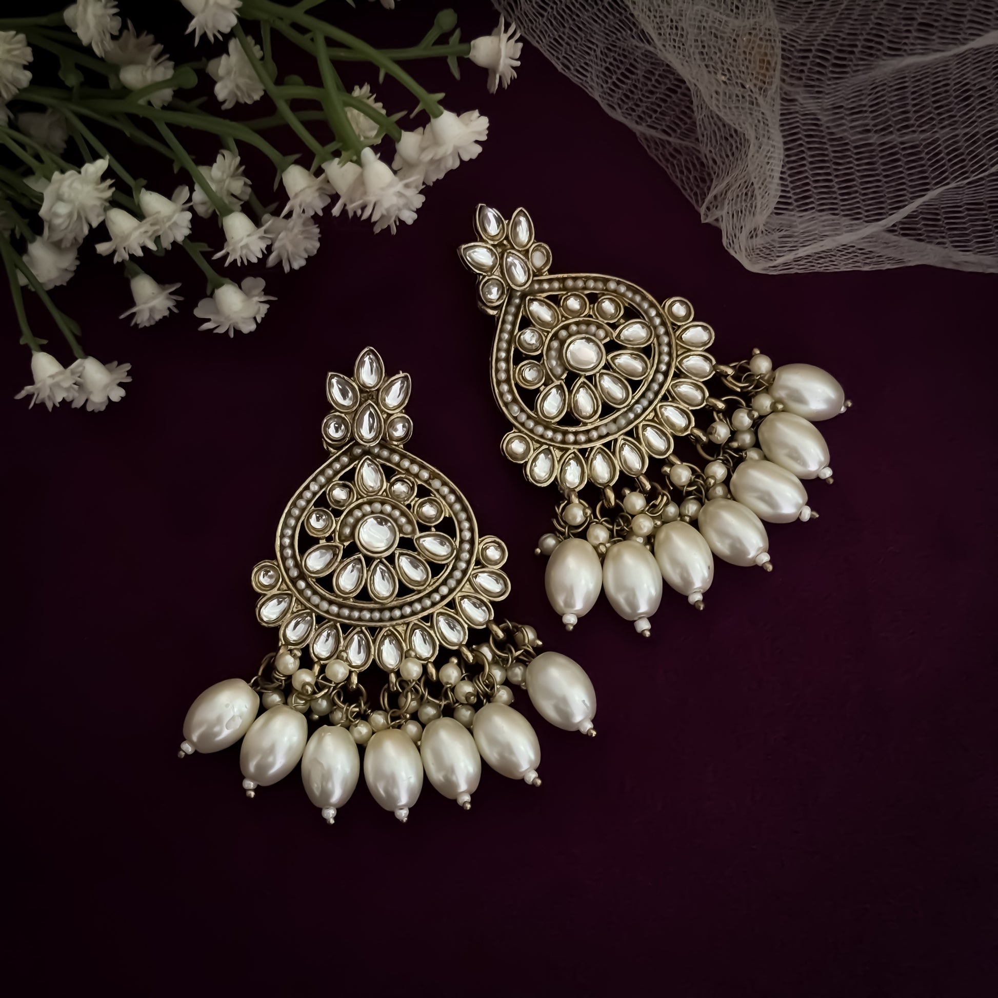Sejal Pearl Chandbali Earrings - Golden