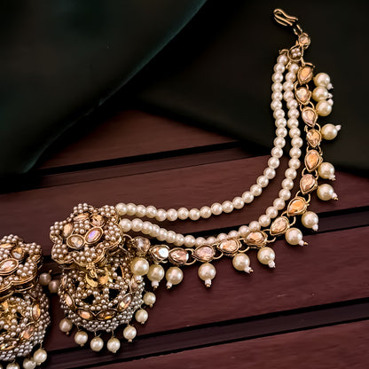Manika Jadau Jhumka Earrings with Sahara/Earchains - Golden