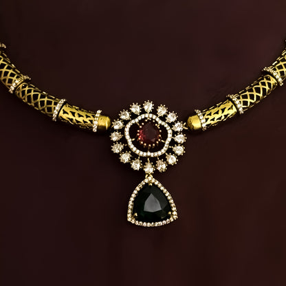 Srijya Victorian Work Pink & Green AD Hasli Necklace Set