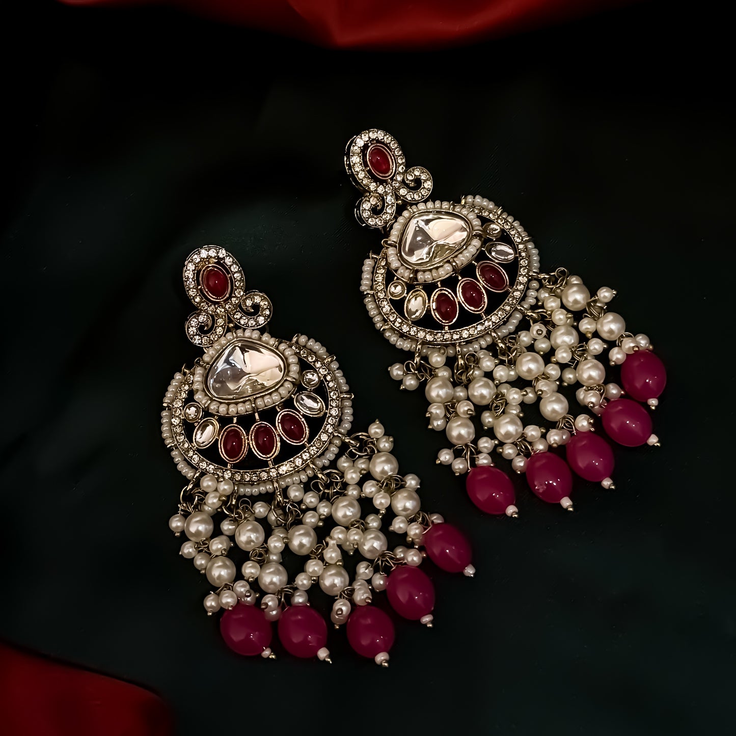 Lavya Pearl Premium Necklace Set - Hot Pink