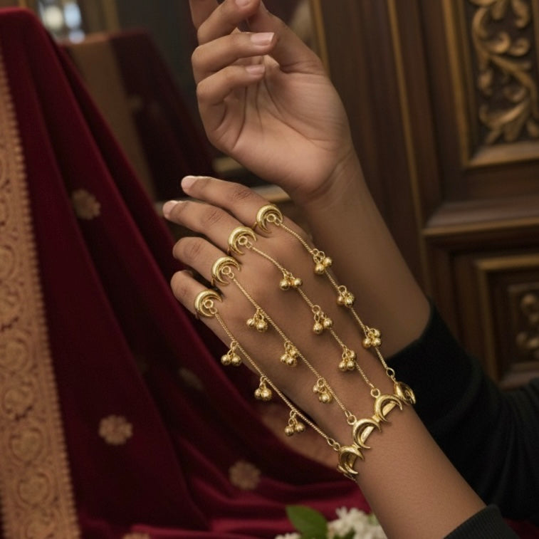 Chandani premium adjustable brass multi finger haathphool pair featuring matte gold crescent moon links and cascading ghungroo beads 