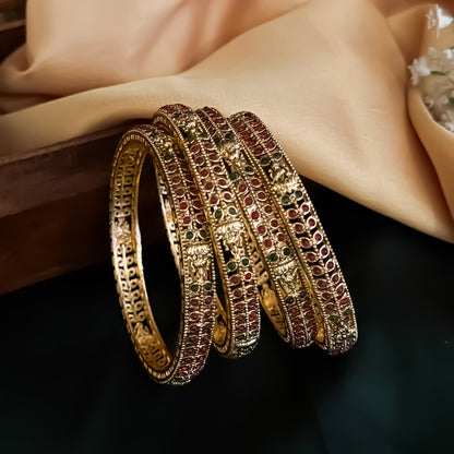 Devyani Lakshmi Temple Gold Bangles - Pink & Green (Set of 4)