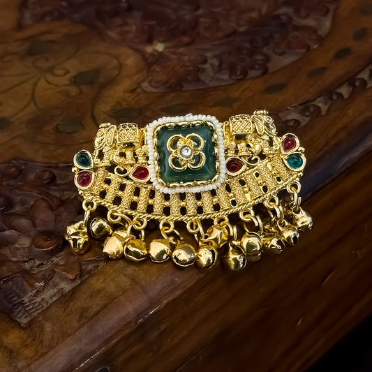 Zaina Premium Kashmiri Double Finger Adjustable Ring - Pink & Green