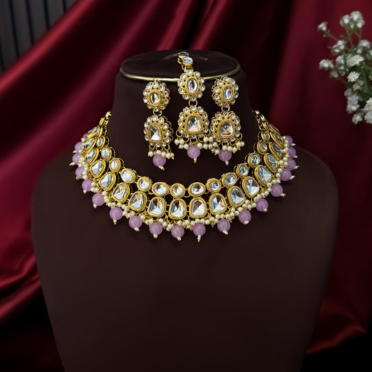 Reeti Kundan Pearl Necklace Set - Lavender