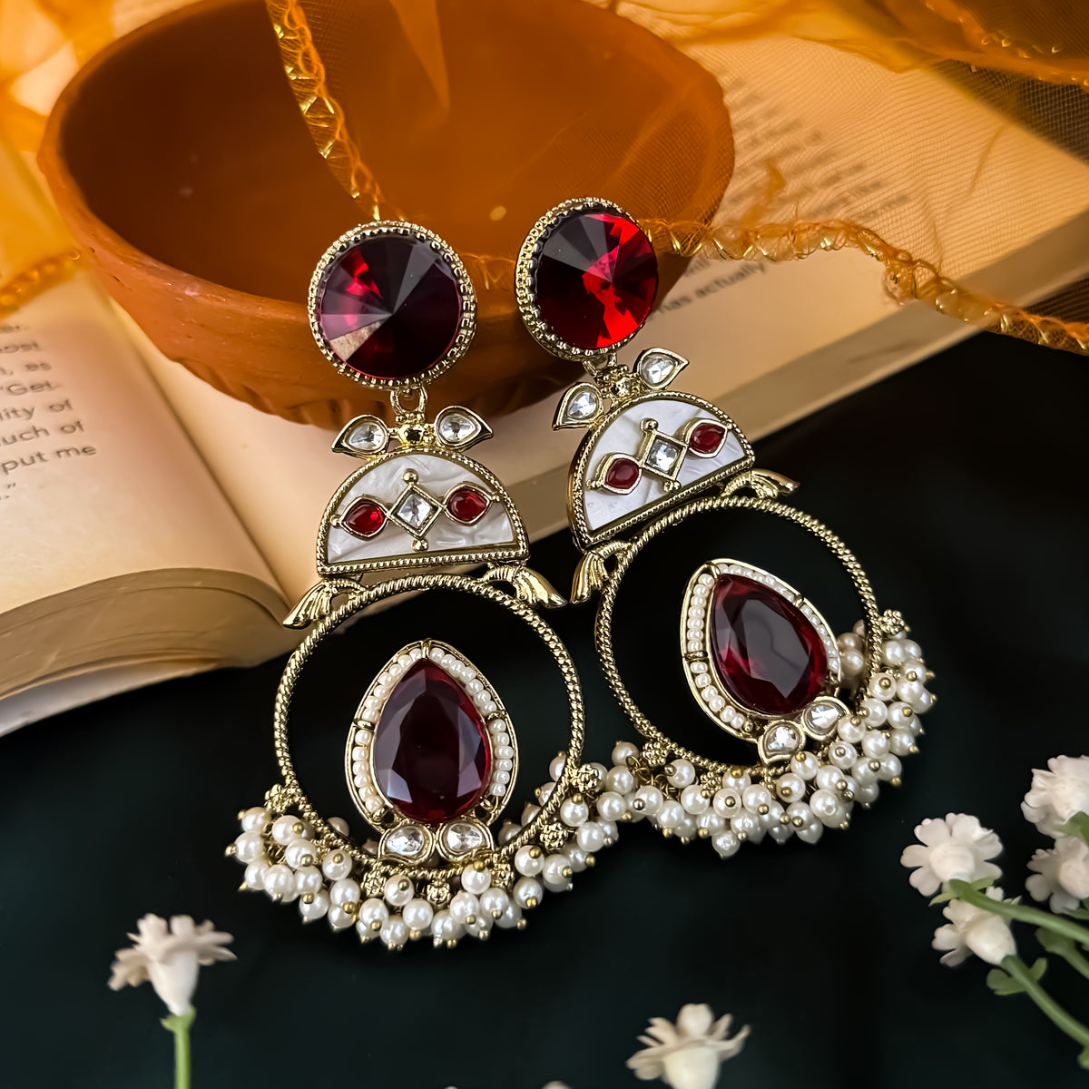 Maroon Nishi Kundan Ganthan Chandbali Earrings