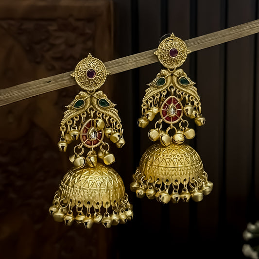 Jhalak Premium Kashmiri Matte Polish Ghungroo Jhumka Earrings - Pink & Green