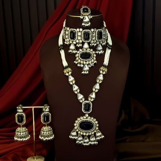 Israni Premium Kundan Long & Short Necklace Set - Green