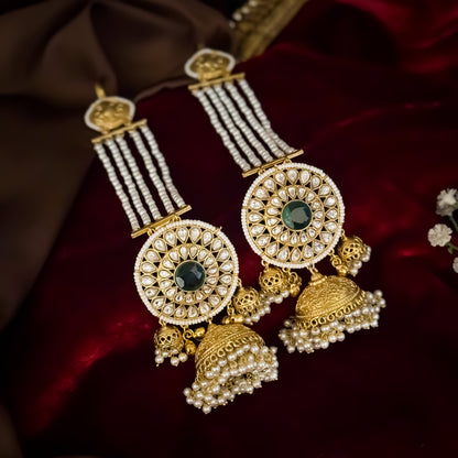 Raanisa Kashmiri Kundan Jhumka Earrings With Earchains - Green