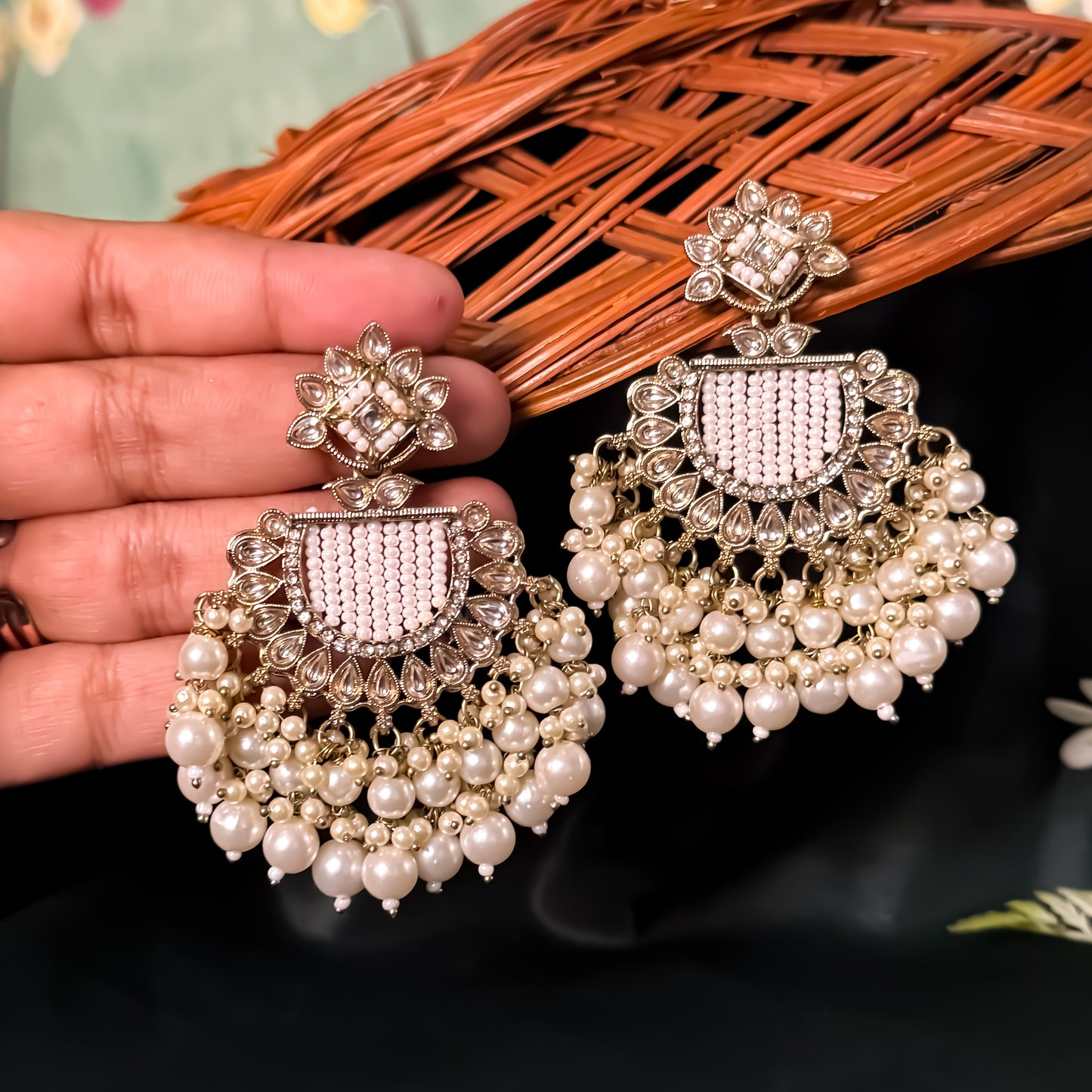 Mansa Kundan Pearl Chandbali - Golden/Ivory