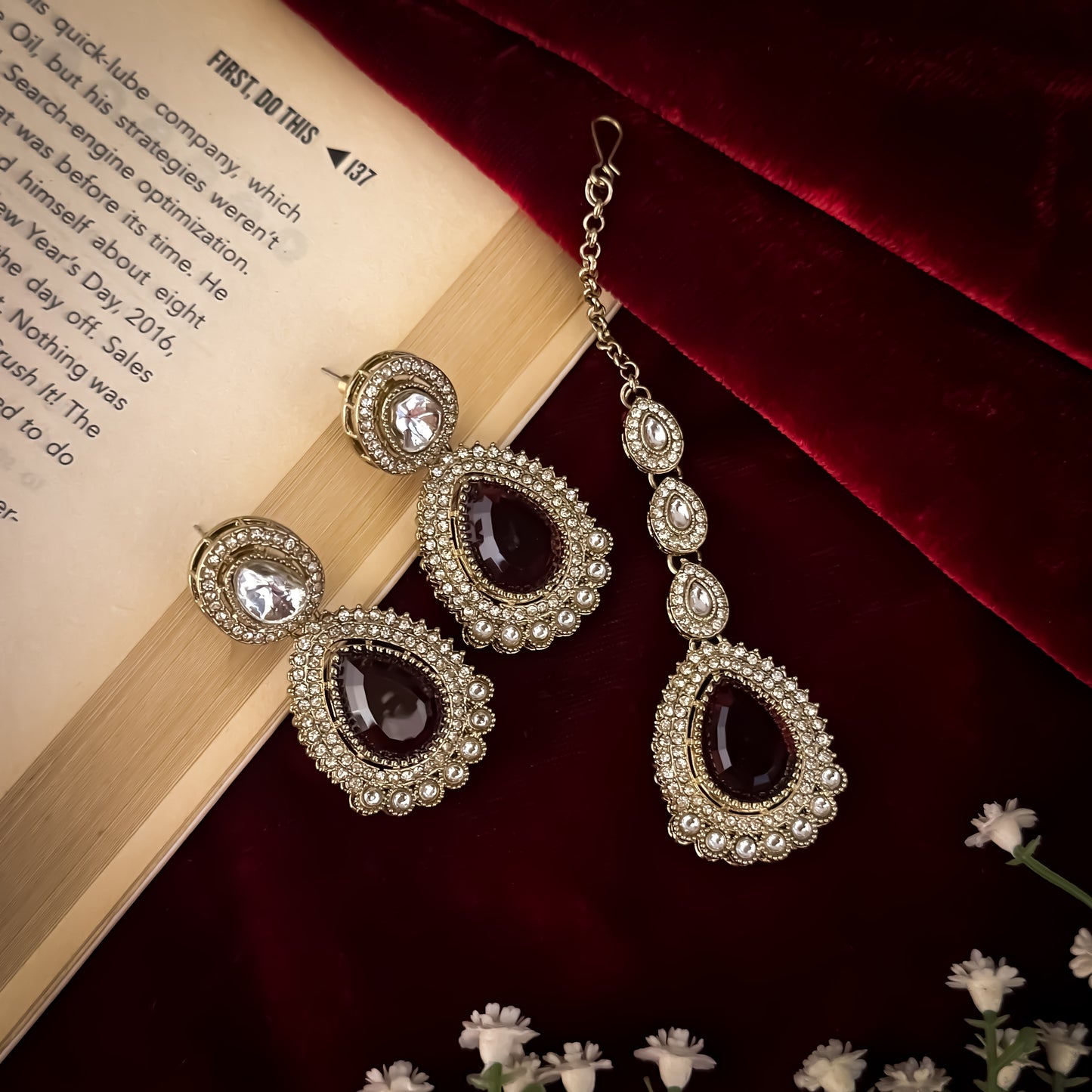 Mannat Zircone Polki Lookalike Premium Necklace Set - Maroon
