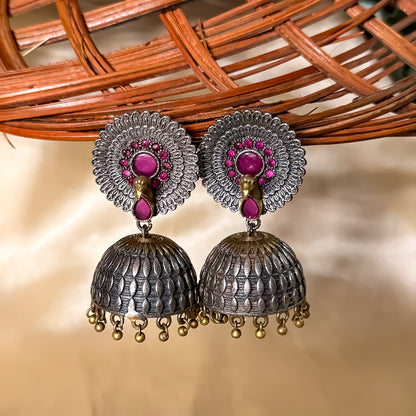 Mayuri 3D SLA Dual Tone Brass Jhumka Earring - Ruby