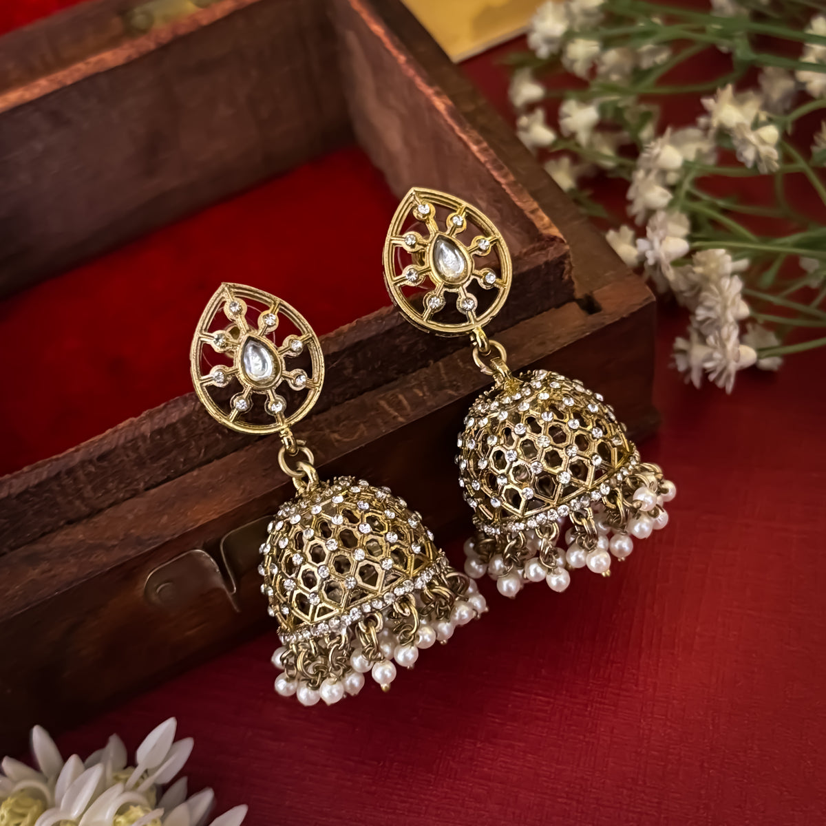 Golden Aneha Cutwork Jhumka Earrings