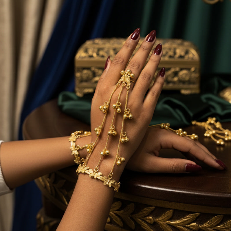 Butterfly Kashmiri Brass Ghungroo Haathphool - Golden