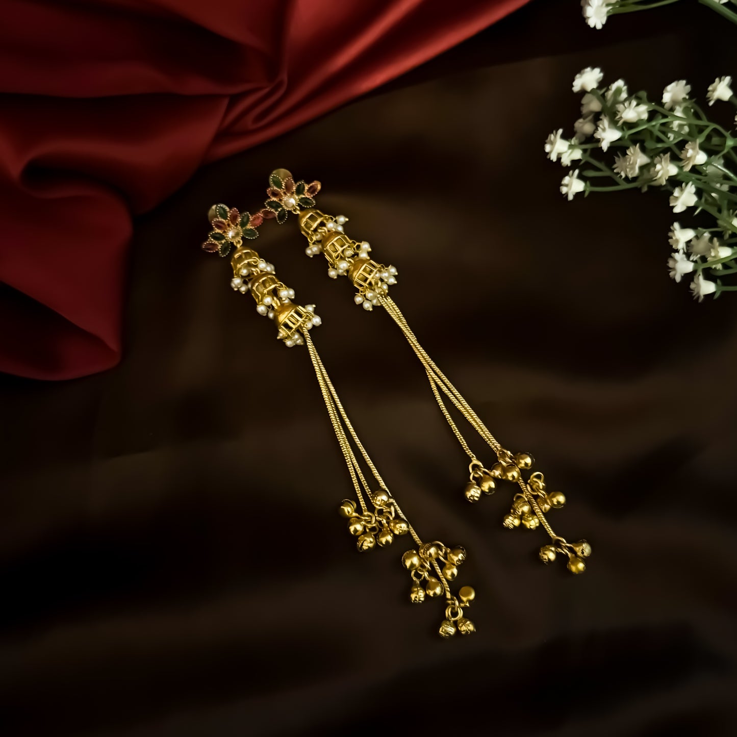 Aishwariya Kashmiri Brass Ghungroo Earrings - Pink & Green