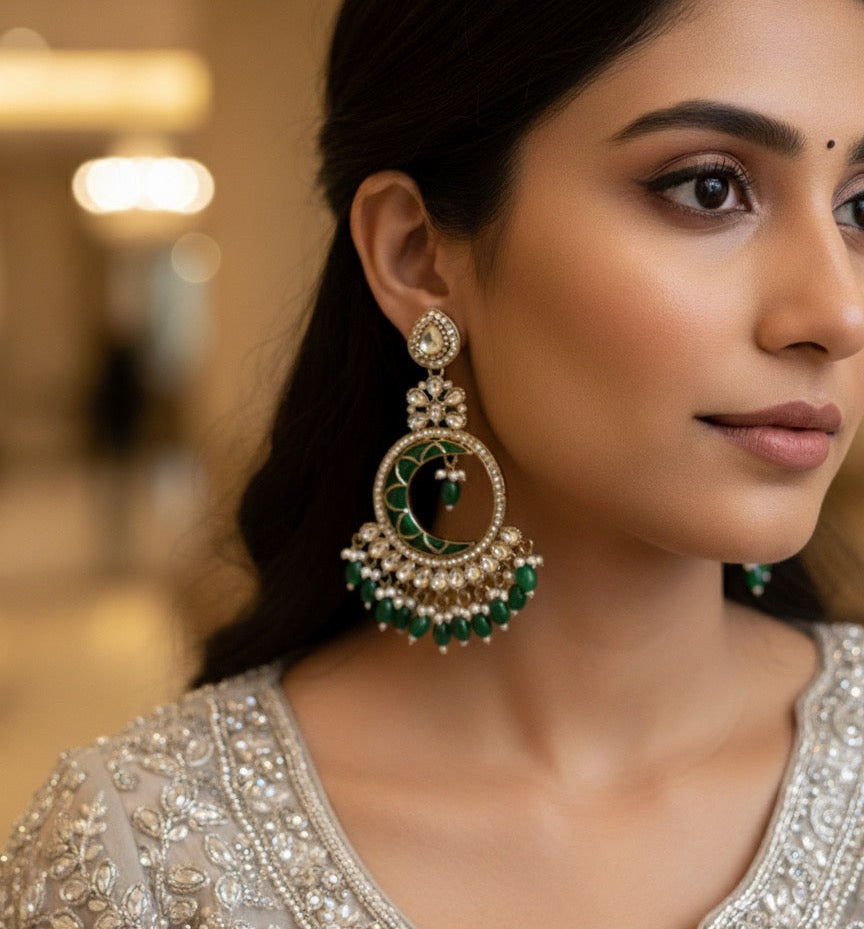 Kunica Kundan Pearl Chandbali Earrings - Green
