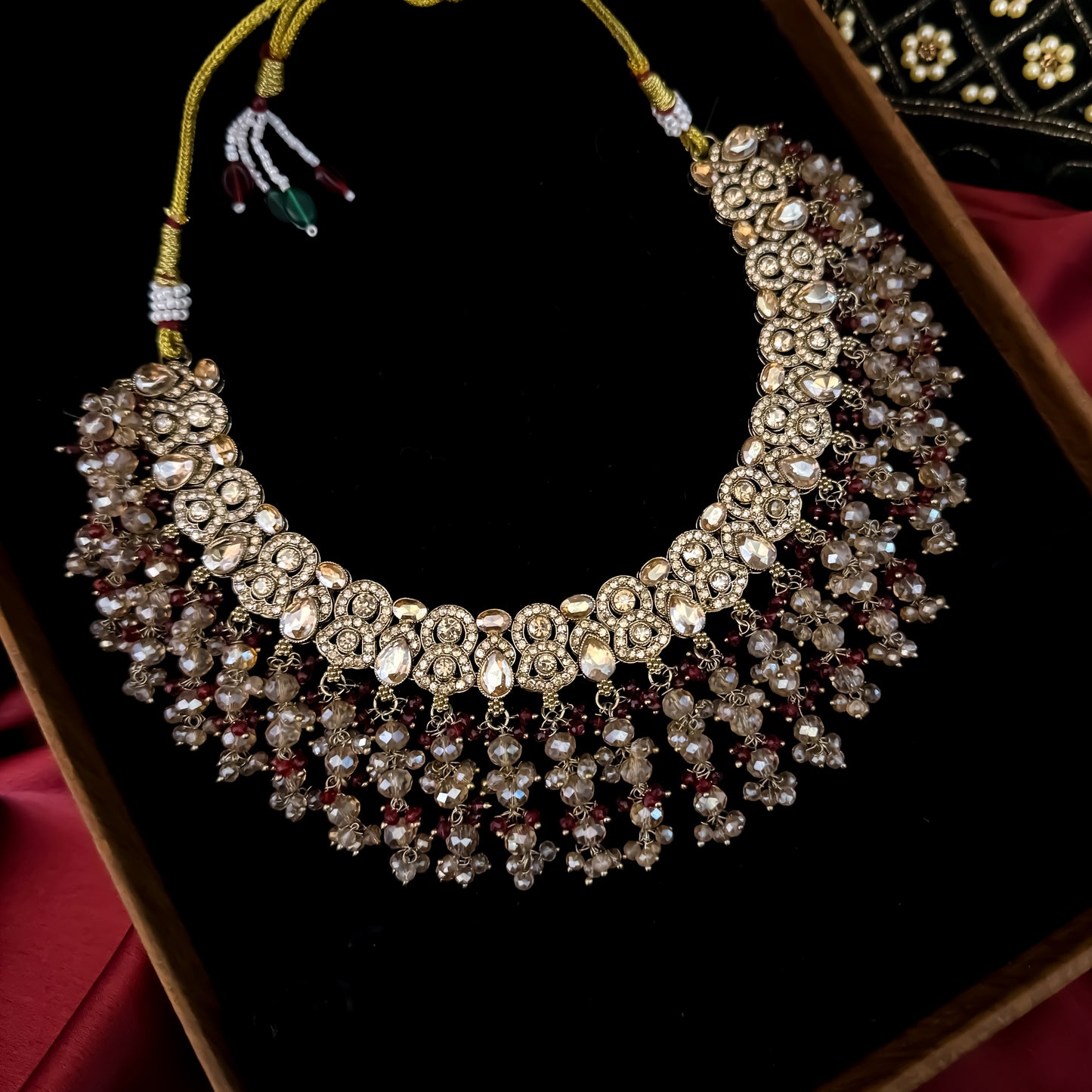 Madiha Premium Reverse AD Necklace Set - Maroon