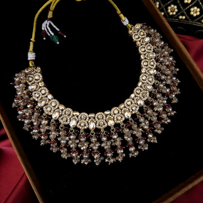 Madiha Premium Reverse AD Necklace Set - Maroon