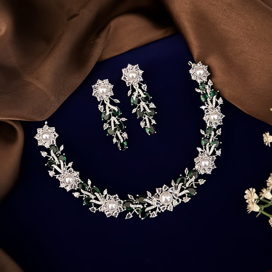 Emerald Green Lucy Floral American Diamond Necklace Set