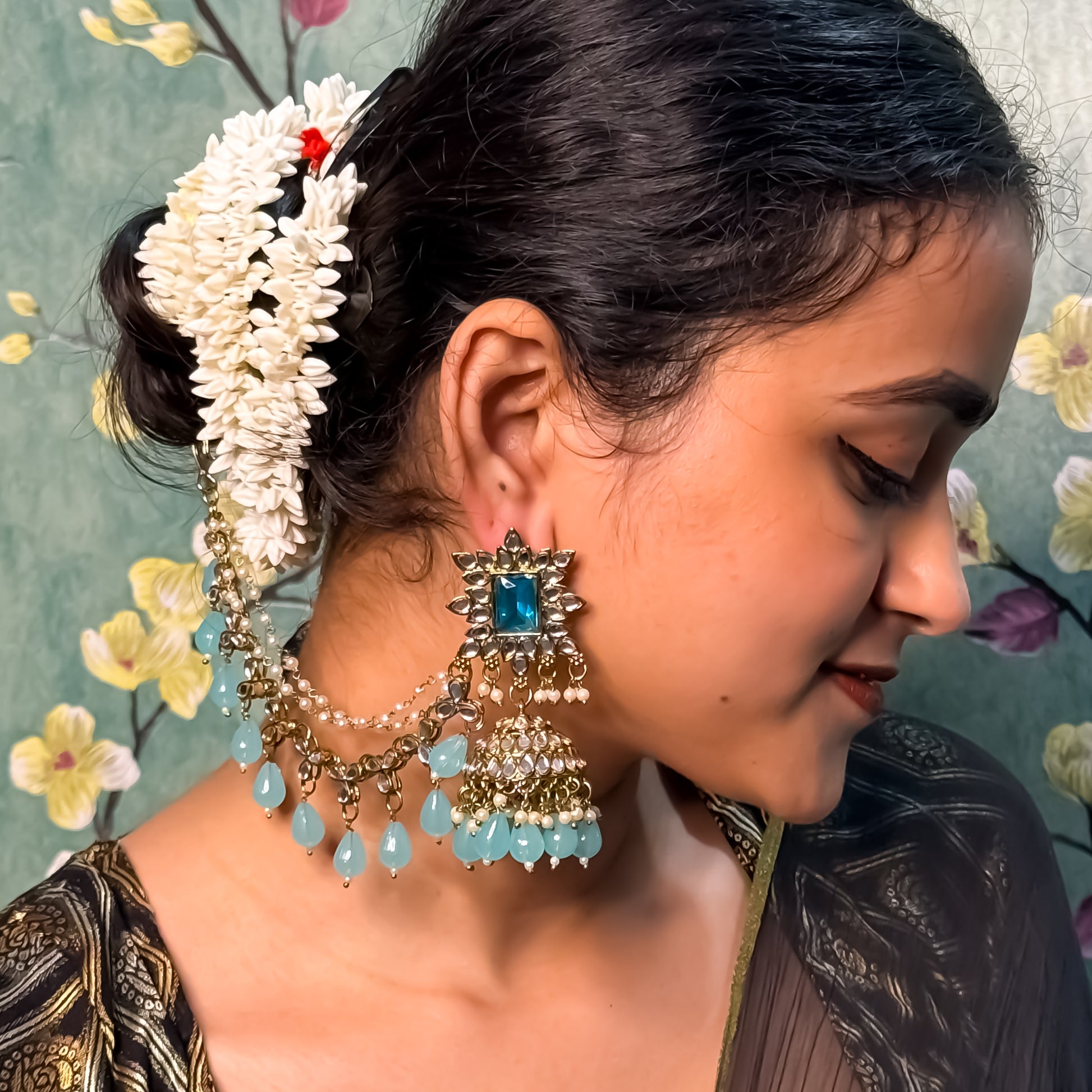 Manavi Mirror Jhumka with Teeka & Sahara-Sky Blue