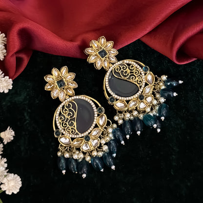 Ishika Premium Cutwork MOP Premium Chandbali Earrings - Peacock Blue