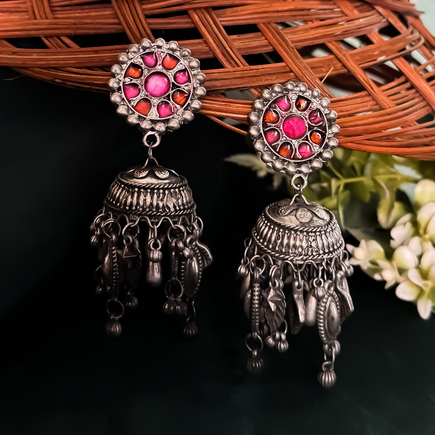 Neha Vintage Polish Jhumka Earrings- Pink