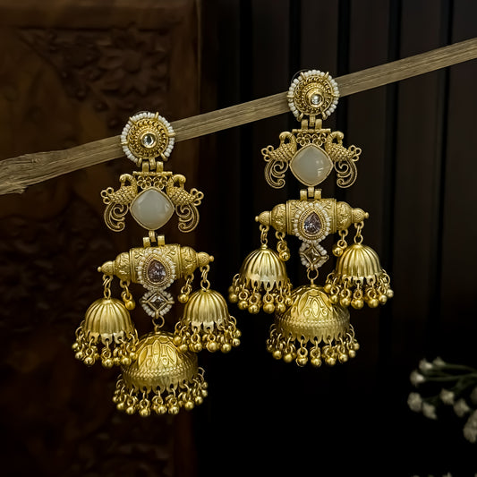 Falak Premium Kashmiri Matte Polish Jhumka Earrings - Ivory