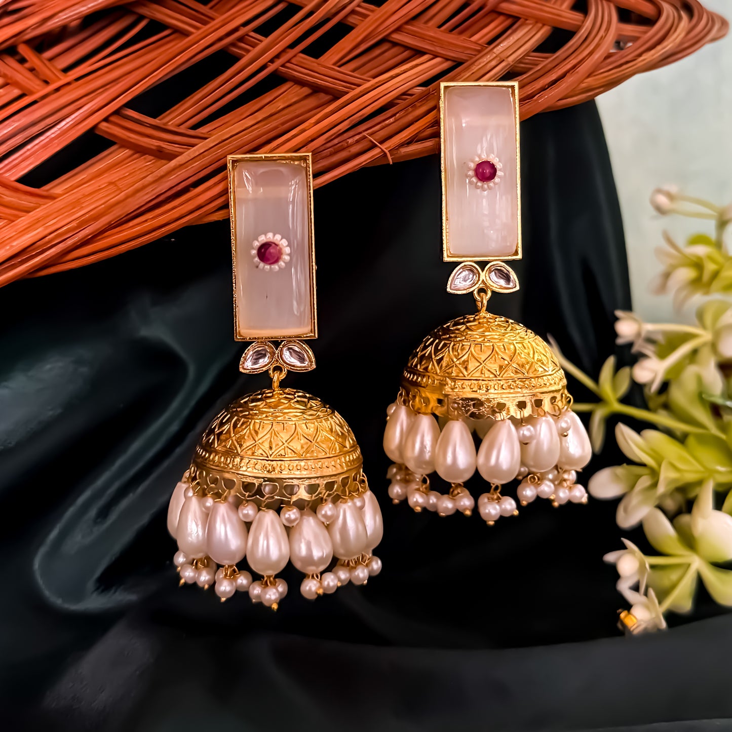 Veena Brass Monalisa Stone Jhumka Earrings - Fog White