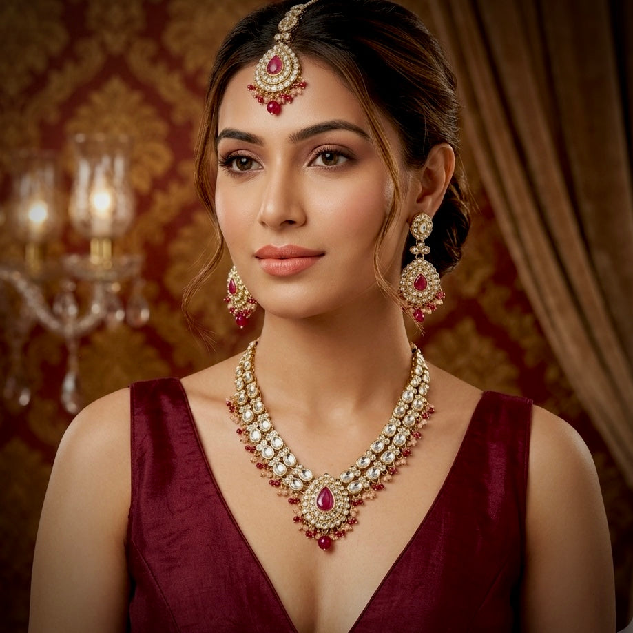 Bela Royal Kundan Necklace Set - Pink
