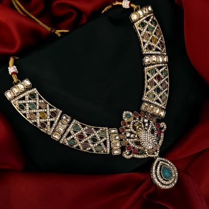 Yasmin Peacock Reverse AD Necklace Set - Multi