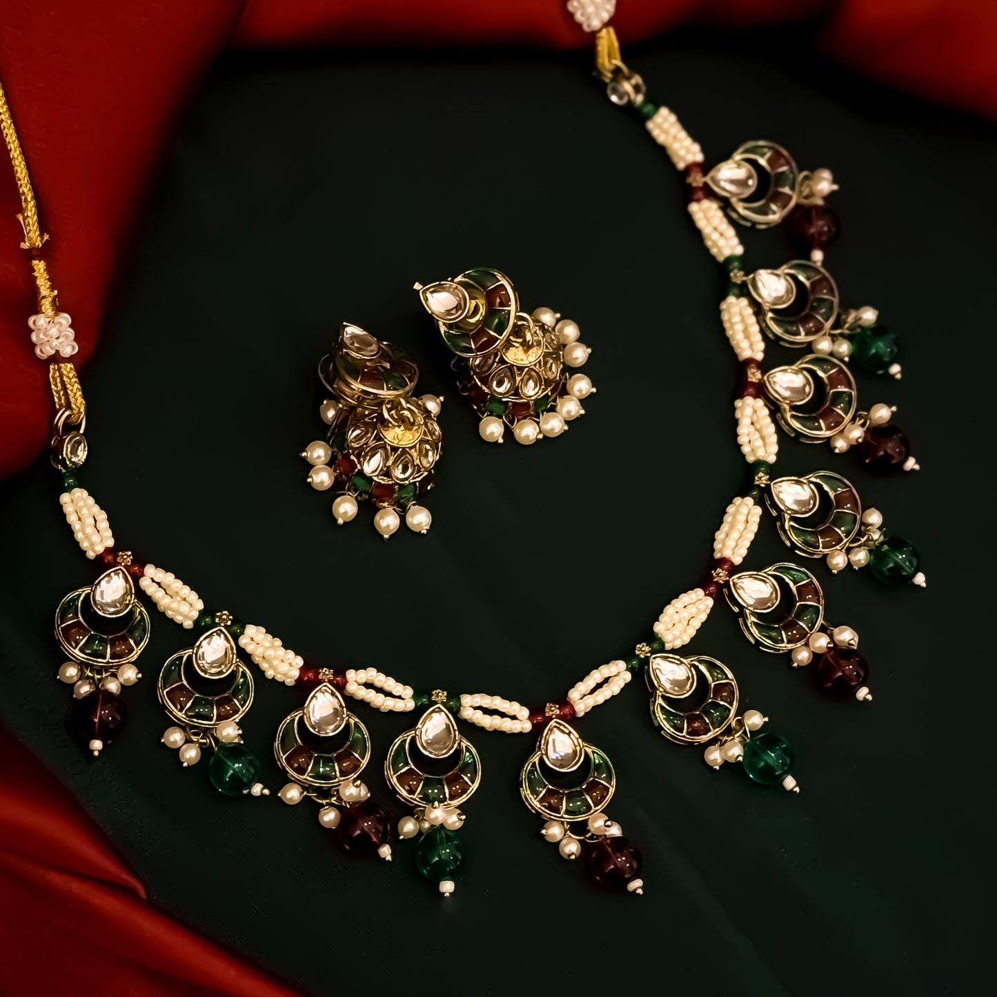 Shradha Premium Kundan Sleek Choker Necklace Set - Maroon & Green