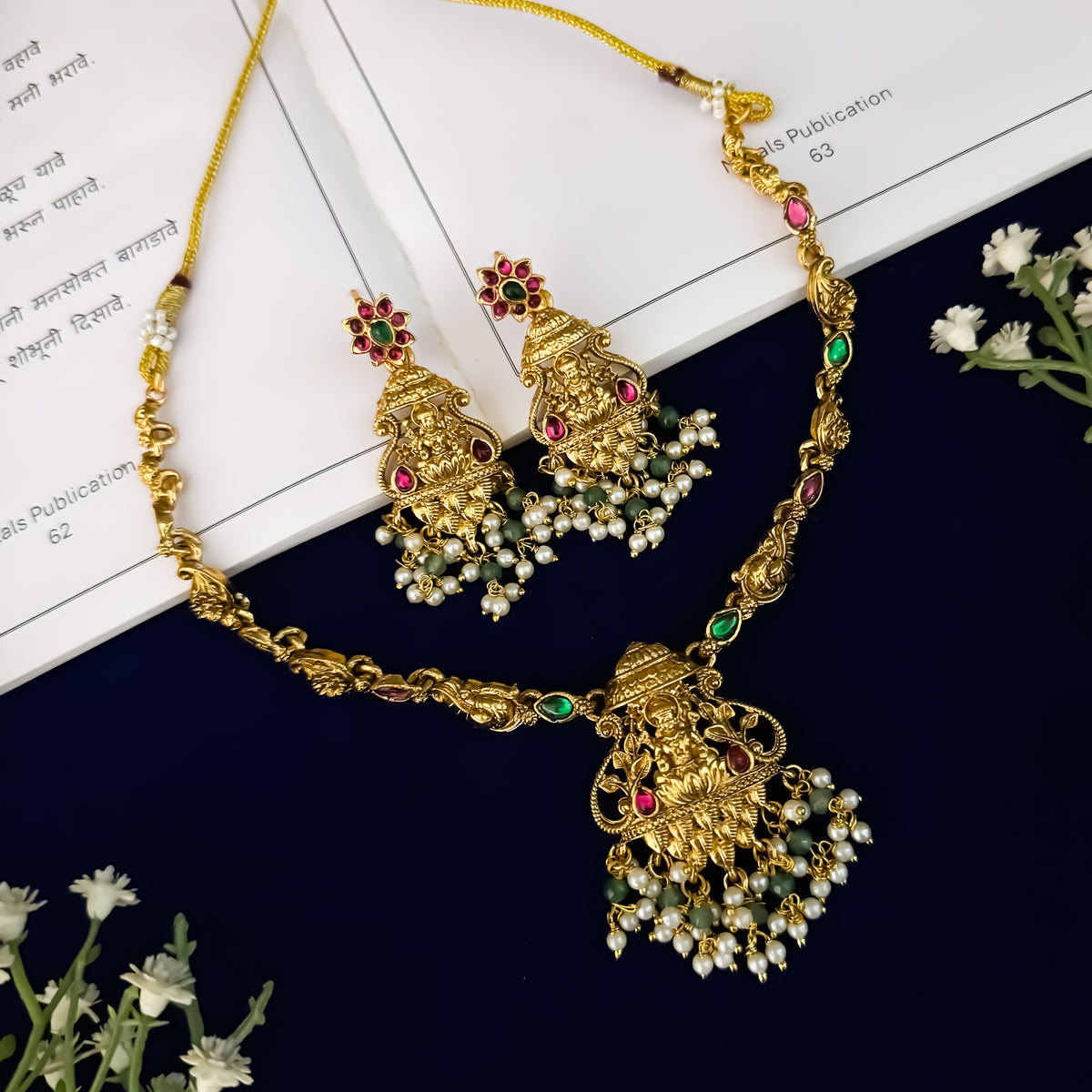 Krishi Lakshmi Temple Pendant Necklace Set - Green & Pink